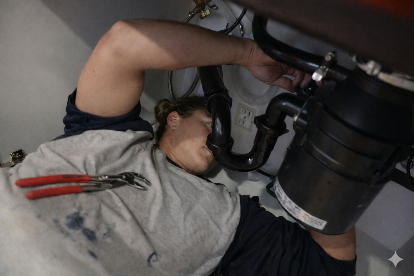 Plumbing repair under a kitchen sink